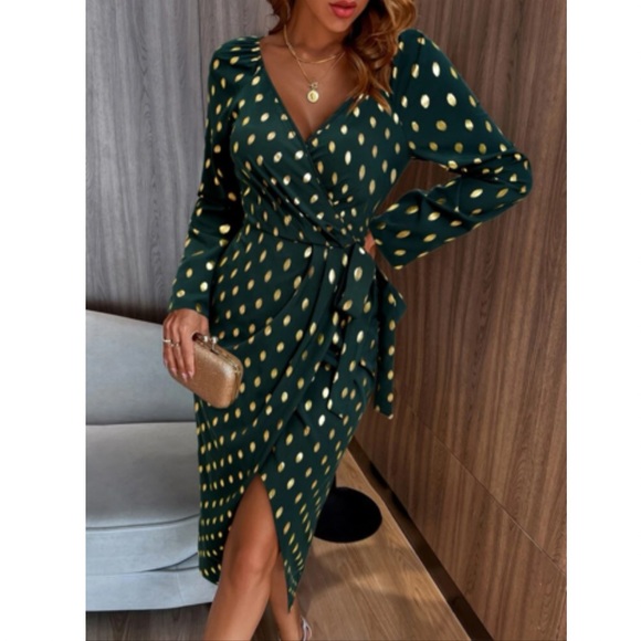 Dresses & Skirts - Luxe metallic gold dots wrap knot side party evening formal dress